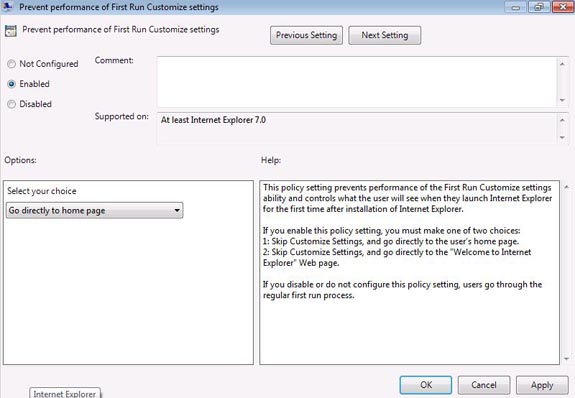 group policy disable ie welcome