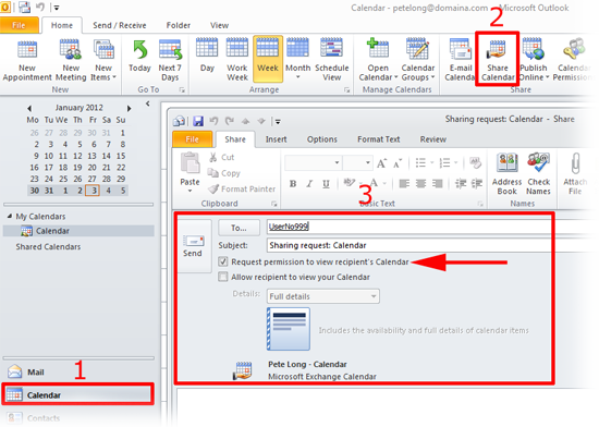 how to request calendar access in outlook