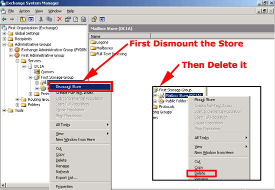 Delete Mailbox Database 2003