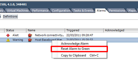 reset vmware alarm