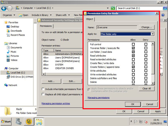 folder redirect ntfs permissions