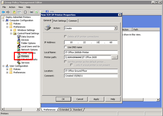 New TCP printer via policy