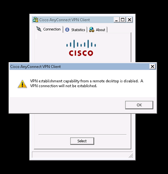 VPN establishment capability from a remote desktop is disabled