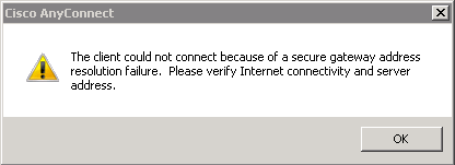 Anyconnect secure gateway address resolution failiure