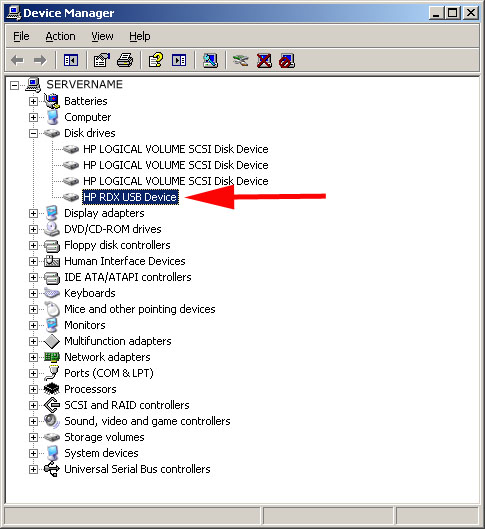 HP RDX USB Drive in Device Manager