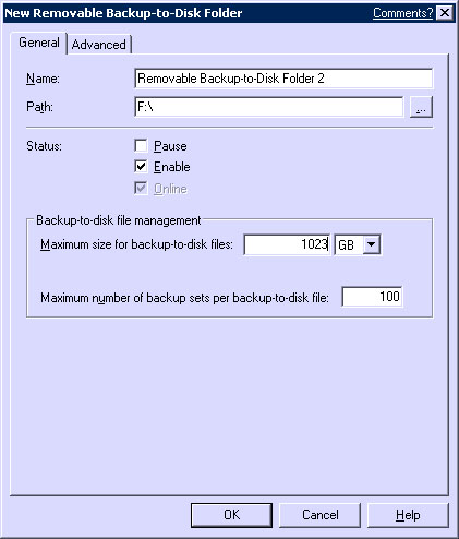 Configure Removable Backup to Disk Folder