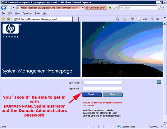 Cant logon to HP System Management Homepage