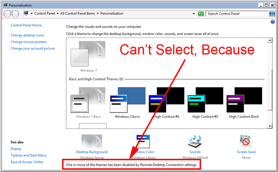 Themes disabled by Remote Desktop Connection Settings