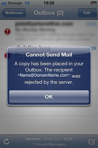 Cannot Send Mail A copy has been placed in your Outbox