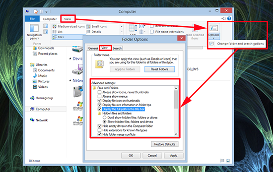 Windows 8 turn on file extensions and hidden files