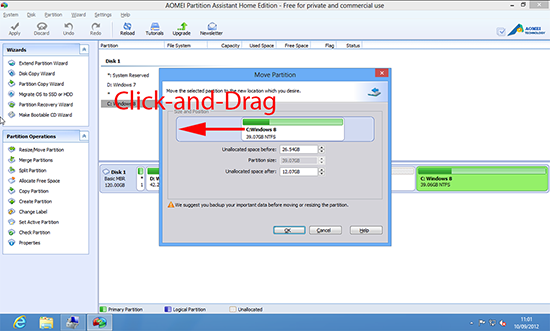 Windows SLide Partition to the left