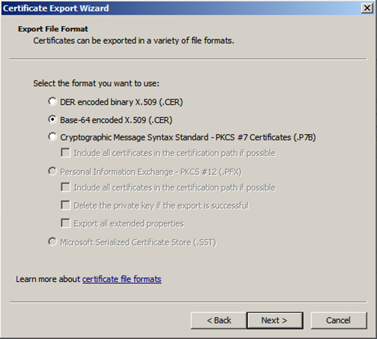 Export as base-64 x.509