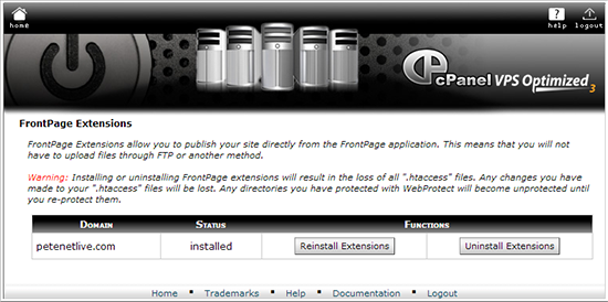 cpanel remove frontpage extensions