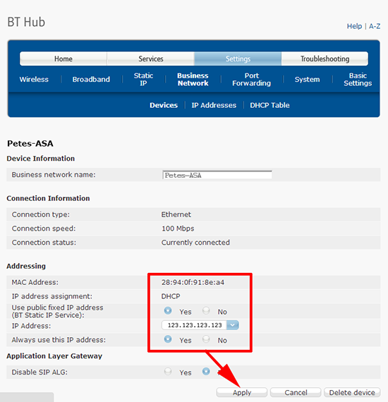 BT Business Hub Assign Public IP