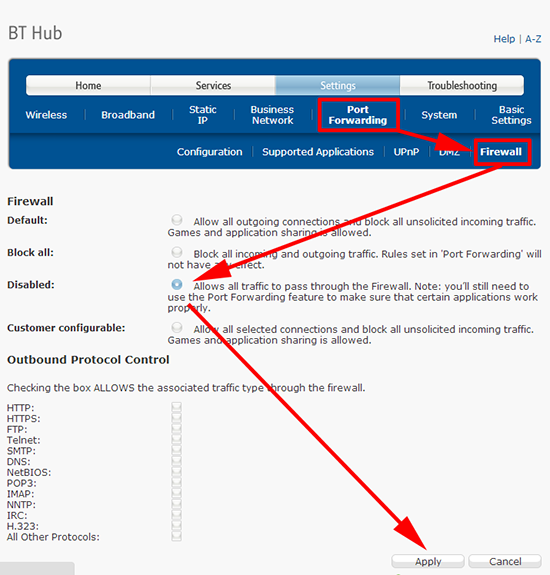 BT Business Hub Disable Firewall