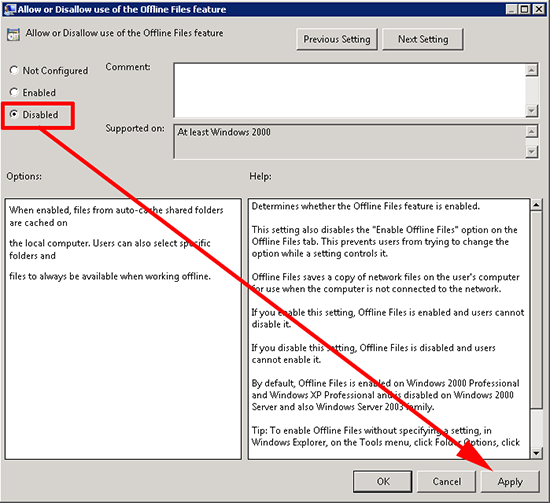 Allow or Disallow use of the Offline Files feature