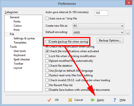 EditPlus 3 Disable bak files