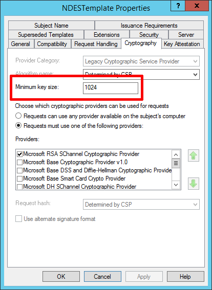 Certificate minimum key size