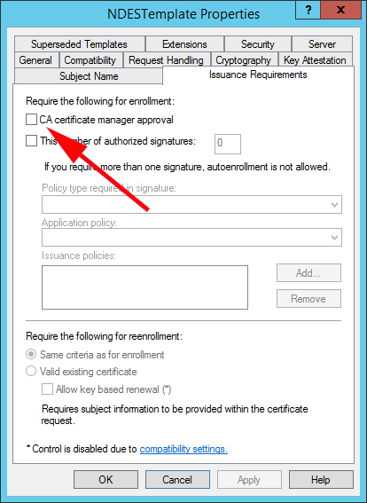 Disable CA certificate manager approval