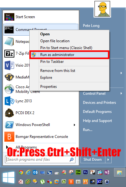 admin command from start menu