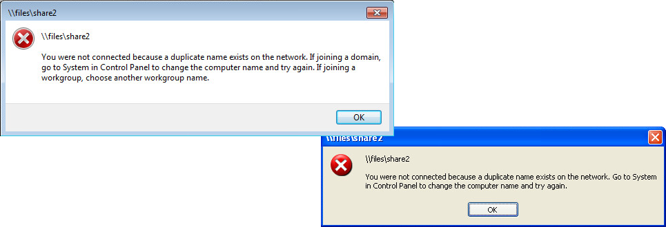 il nome duplicato o il nome dell'azienda esiste errore di sistema di Windows di rete