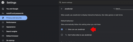 Chrome Enable Javascript