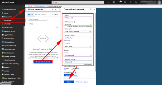 Create Azure Virtual Network and Subnet VPN