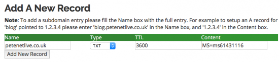 Office365 domain DNS TXT Record Settings