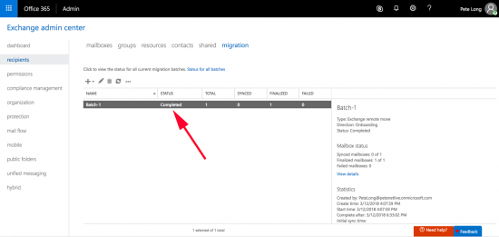 Office 365 Mailbox Migration Completed