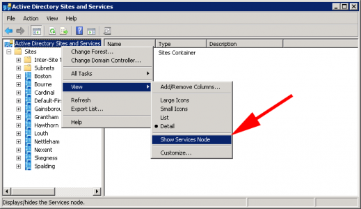 AD Sites and Services Show Services Node