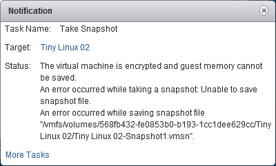 the virtual machine is encrypted snapshot error