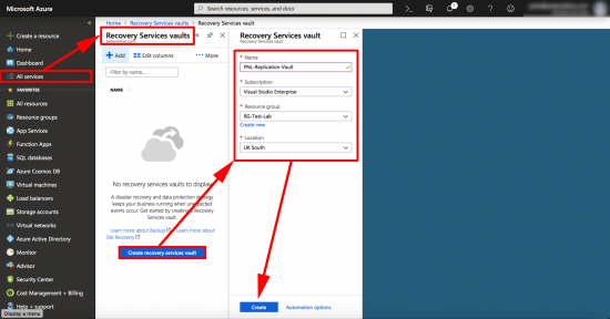 Azure Create Recovery Services Vault