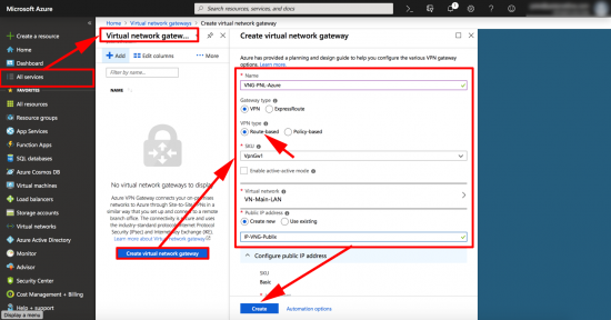 Create Route Based Azure Virtual Network Gateway VPN