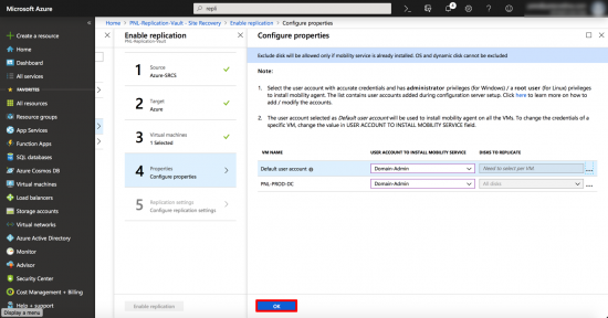 Enable Replication To Azure Properties