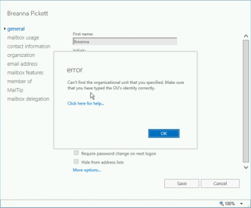 Exchange cant find organisational unit you specified