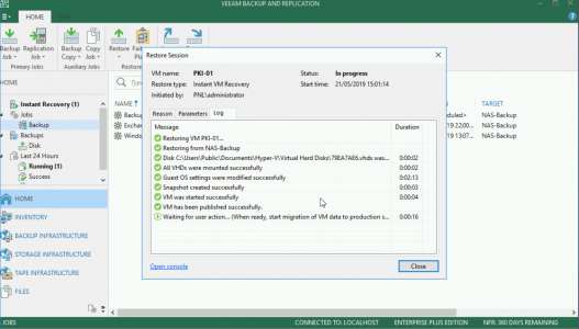 Veeam Instant Recovery Progress