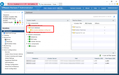 Horizon Connection Server Events Database Not Configured
