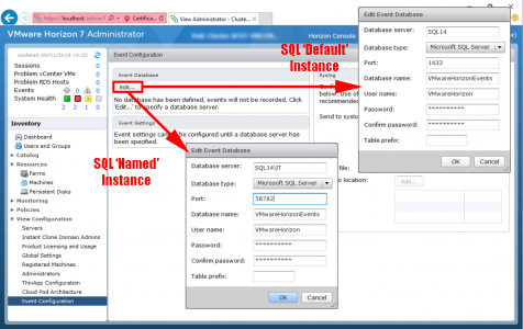 Horizon Connection Server Events Database Configuration