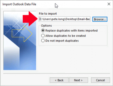 Outlook Import PST Location