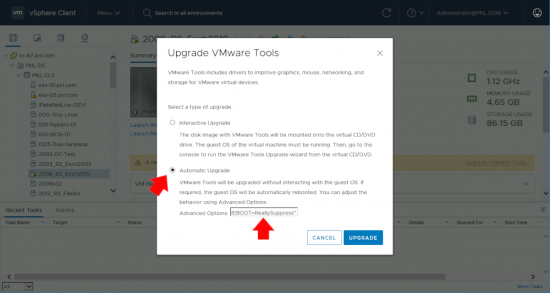Upgrade VMware Tools Suppress Reboot