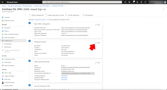 Azure SSL Attributes and Claims