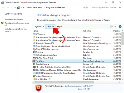 Remove FortiClient Reveal Uninstall Option in add remove programs