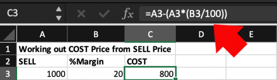 Excel work out cost price from sell price with margin