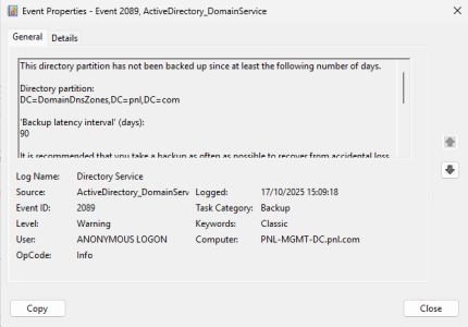 Directory Partition has not been backled up