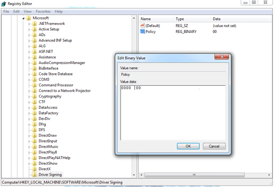 regedit driver signing