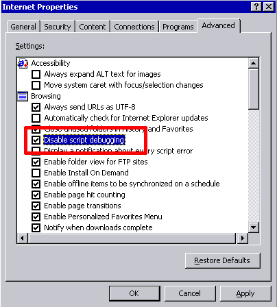 Disable Script Dedugging