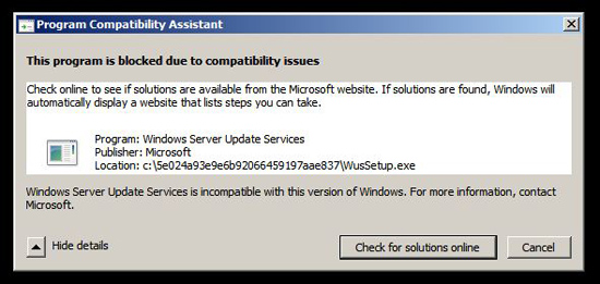 WSUS This program is blocked due to compatibility issues