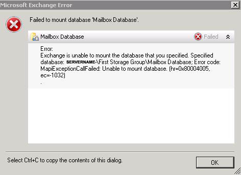 Exchange is unable to mount the database