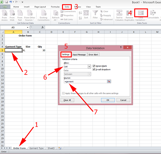 Excel Add a drop down list box