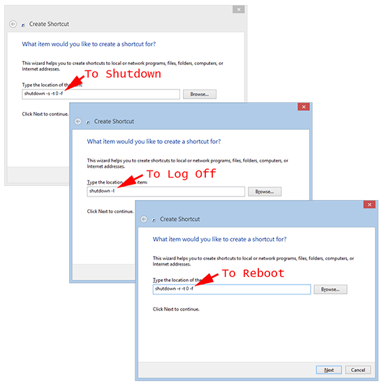 Windows 8 Shutdown and log off shortcut